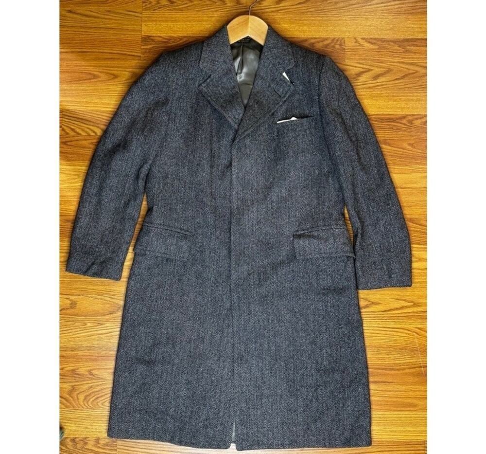 Vintage 1960s Homer Reed Herringbone Wool Long Coat Men's Large Gray Ivy League